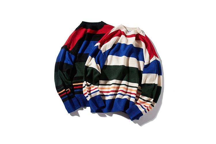 Youth Men Korean Harajuku Sweaters Pullovers 2020 Mens Striped Vintage Streetwear O-Neck Sweater Autumn Oversize Tops