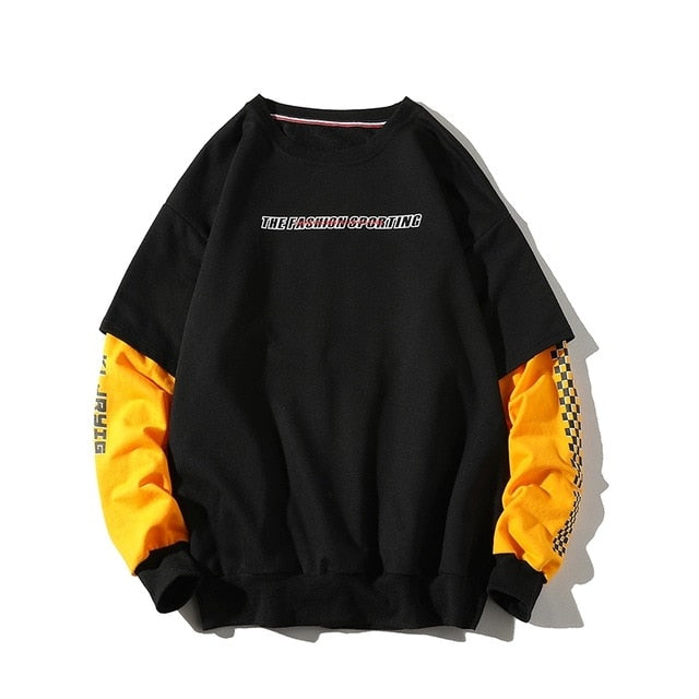 Youth Men Plaid Side Striped Sweatshirts 2020 Pullover Man Fake Two Pieces Harajuku Hoodies Male Japan Hip Hop Clothes