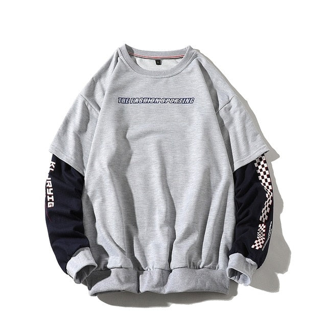 Youth Men Plaid Side Striped Sweatshirts 2020 Pullover Man Fake Two Pieces Harajuku Hoodies Male Japan Hip Hop Clothes