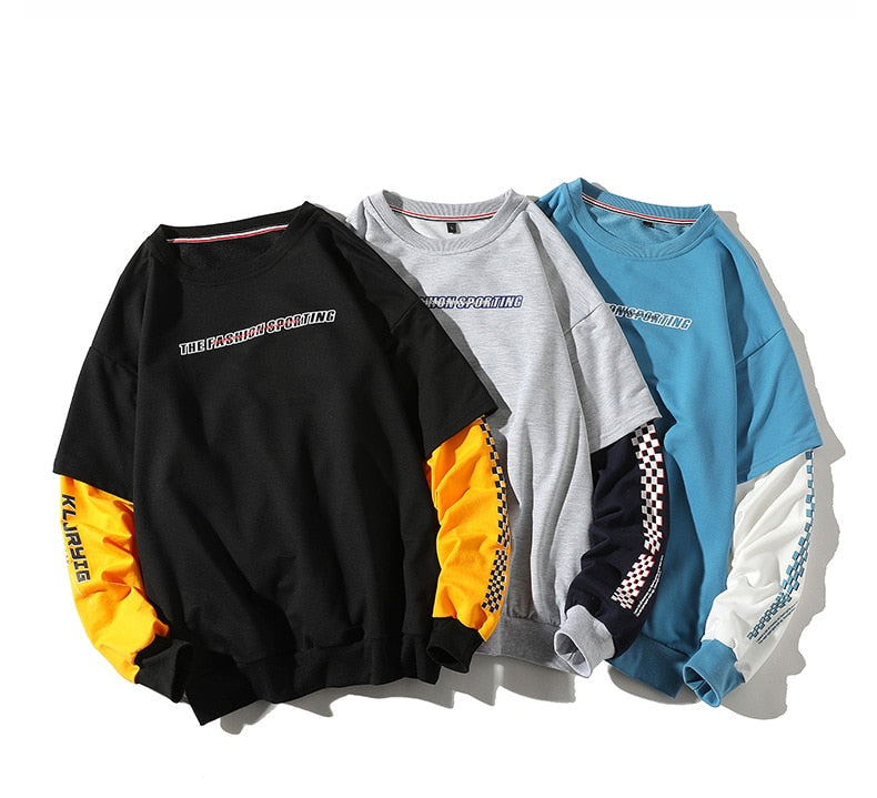 Youth Men Plaid Side Striped Sweatshirts 2020 Pullover Man Fake Two Pieces Harajuku Hoodies Male Japan Hip Hop Clothes