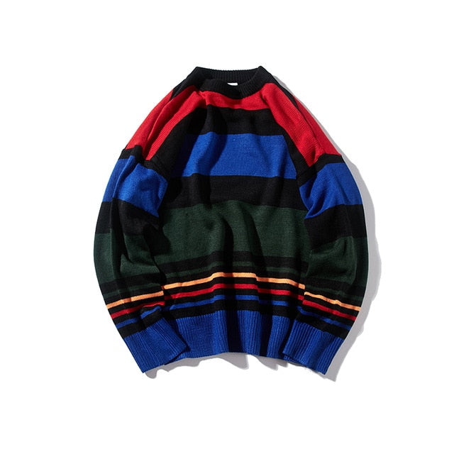 Youth Men Korean Harajuku Sweaters Pullovers 2020 Mens Striped Vintage Streetwear O-Neck Sweater Autumn Oversize Tops