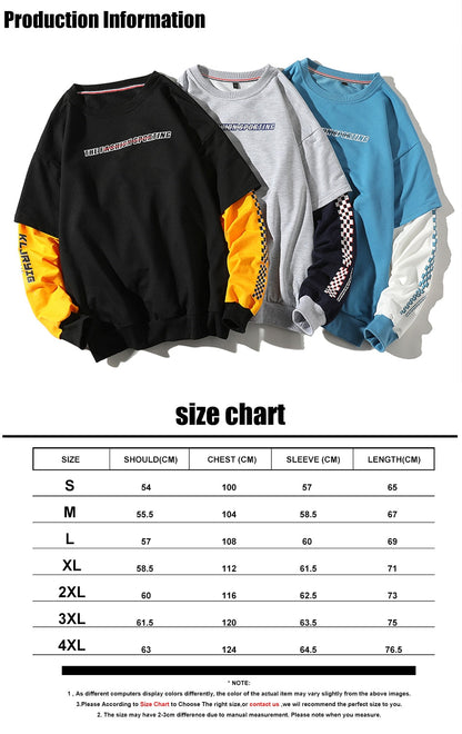 Youth Men Plaid Side Striped Sweatshirts 2020 Pullover Man  Fake Two Pieces Harajuku Hoodies Male Japan Hip Hop Clothes