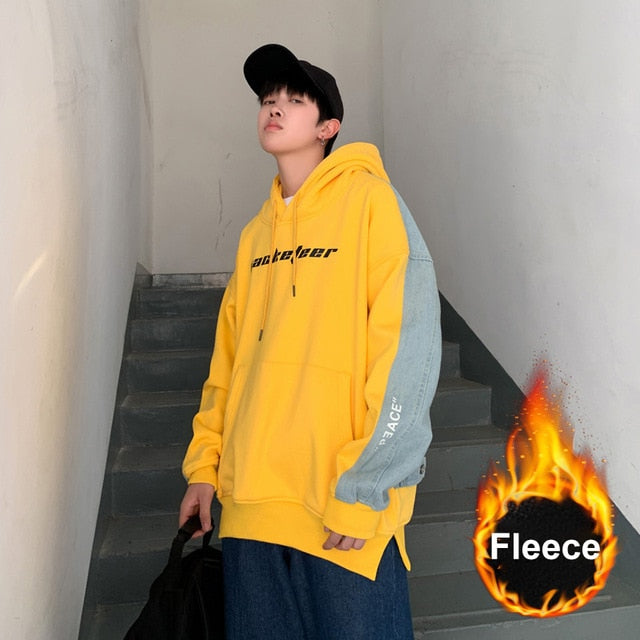 Men Fleece Denim Patchwork Hoodies 2020 Mens Oversize Hip Hop Harajuku Sweatshirts Fall Korean Male Denim Hooded Hoodie