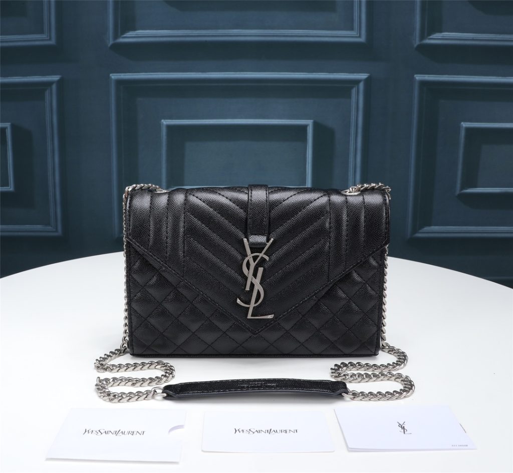 Saint Laurent Envelope Small In Quilted Grain De Poudre Embossed Leather Black Silver 21cm 600195BOW921000 - Image 3