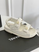 Chanel Cc Button Velcro White Sandals Grained Leather - Image 6