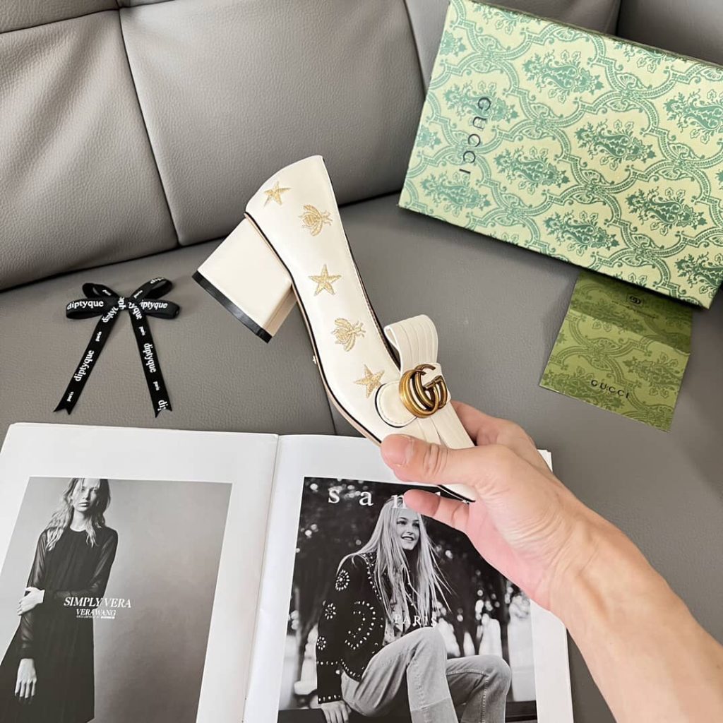 Gucci Marmont Embroidered Leather Mid Heel Pump Bee Star White 551548 D3v00 9022 - Image 5