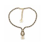 Chanel CC Necklace Leather Chain Pearl Crystal Drop Choker Gold Tone Black
