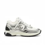 Chanel 23C Silver Metallic Cc Logo Lace Up Flat Runner Trainer Sneaker White G39792 Y56368 K5451
