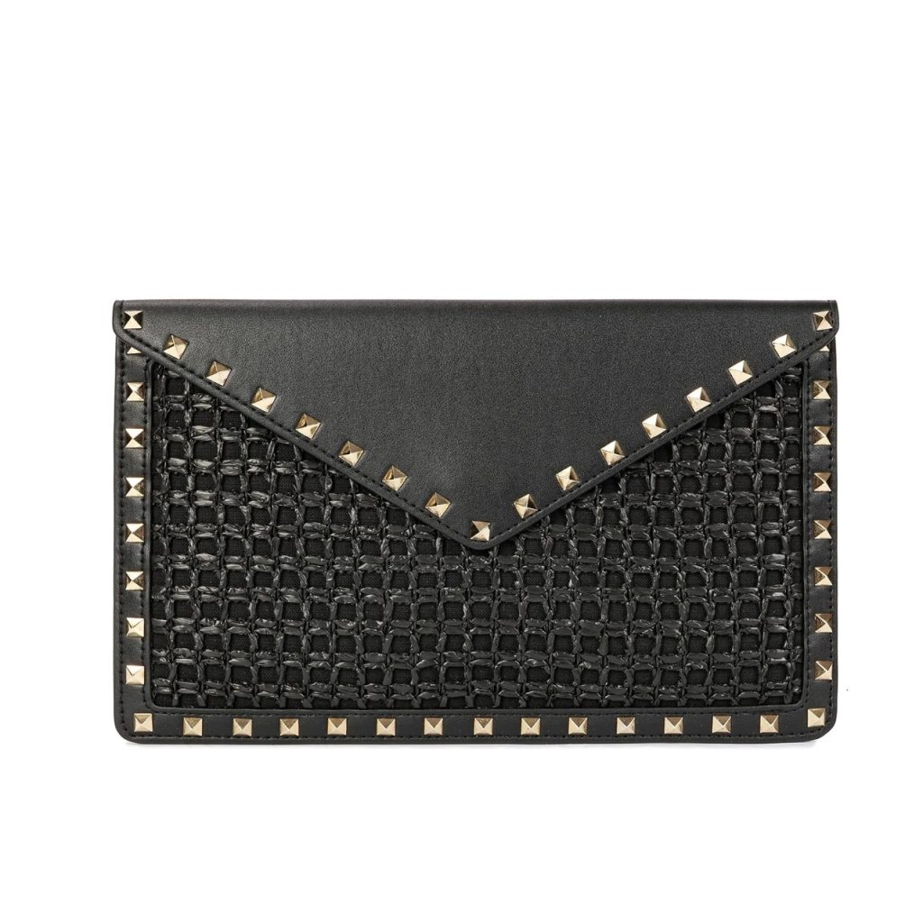 Valentino Garavani Rockstud Raffia Clutch Bag In Black 28Cm - Image 2