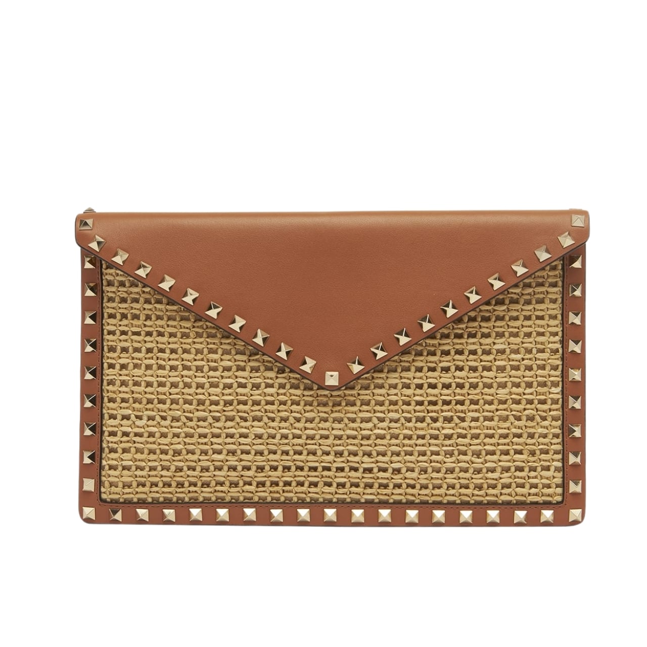 14-1-5.jpg Valentino Garavani Rockstud Raffia Clutch Bag In Brown 28cm - Image 1