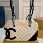 Chanel Cambon Bowler Bag Quilted Leather White And Black 26Cm - Image 3