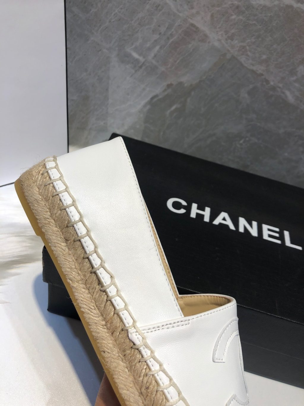 Chanel Embroidered Espadrille Leather Cap Toe Flats White - Image 3