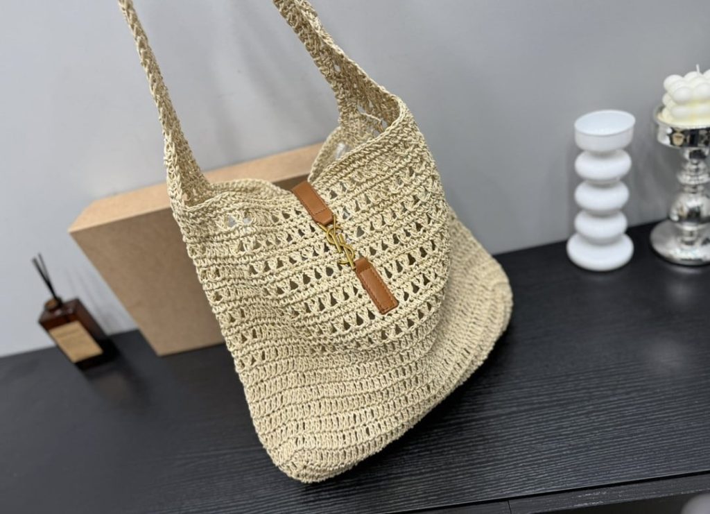 Saint Laurent Le 5 A 7 In Raffia Crochet And Smooth Leather Beige 32Cm 690941Gaaar2080 - Image 3