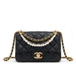 Chanel Mini Flap Bag Shiny Imitation Pearls And Gold Tone Metal Black 17Cm