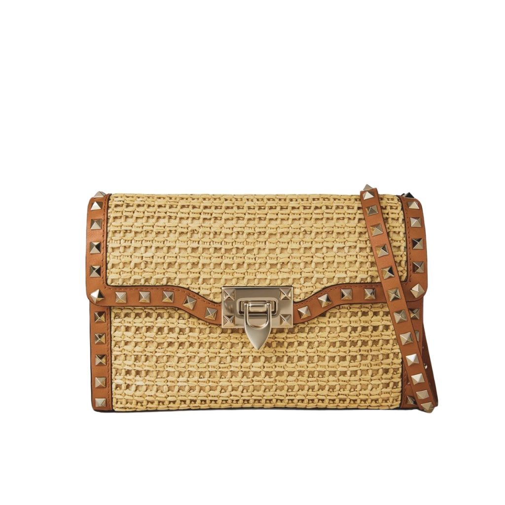 Valentino Garavani Rockstud Small Raffia Shoulder Bag Natural 22Cm - Image 2