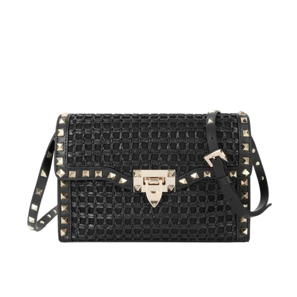 Valentino Garavani Rockstud Small Raffia Shoulder Bag Black 22Cm - Image 2