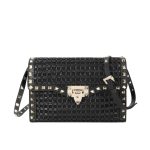 Valentino Garavani Rockstud Small Raffia Shoulder Bag Black 22Cm