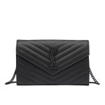 Saint Laurent Cassandre Matelassé Chain Wallet In Grain De Poudre Embossed Black Noir 22Cm 377828Bow081000
