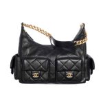 Chanel Maxi Hobo Bag Gold Tone Metal Black 25cm