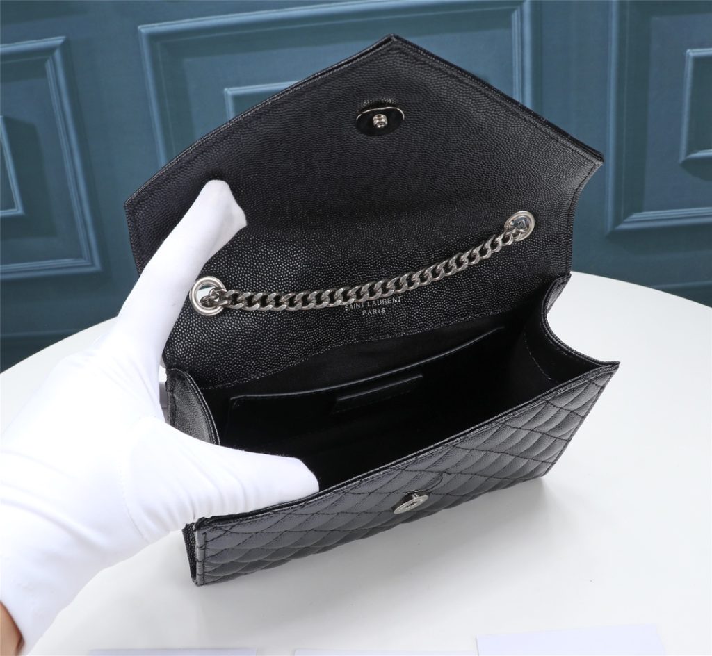 Saint Laurent Envelope Small In Quilted Grain De Poudre Embossed Leather Black Silver 21cm 600195BOW921000 - Image 5