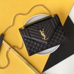 Saint Laurent Envelope Medium In Quilted Grain De Poudre Embossed Leather Black Gold 24Cm 600185Bow911000 - Image 3