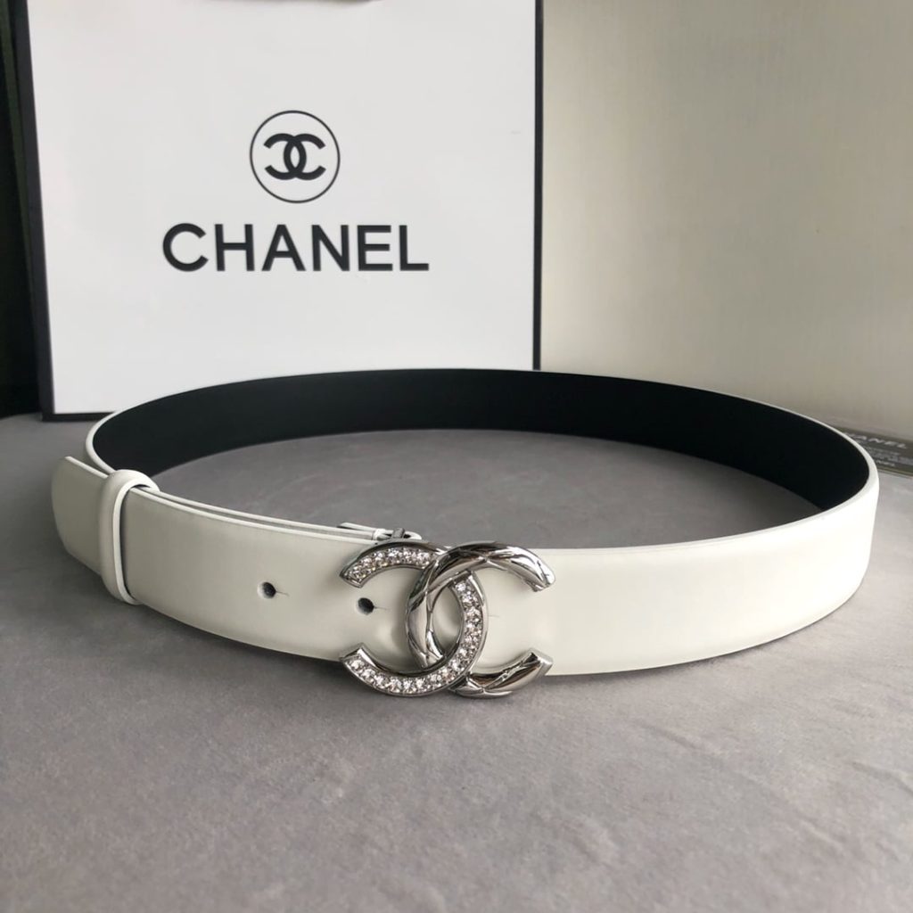 Chanel Leather Belt With Cc Pearl And Silver Tone Metal White 3Cm - Image 9