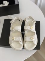 Chanel Cc Button Velcro White Sandals Grained Leather - Image 3