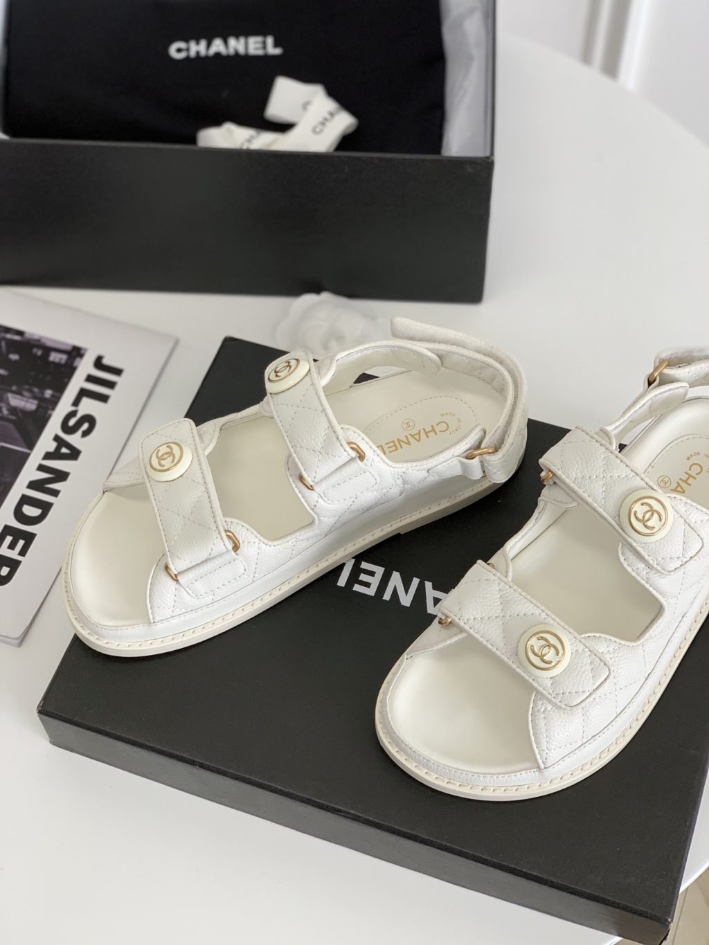 Chanel Cc Button Velcro White Sandals Grained Leather - Image 7