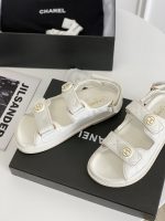 Chanel Cc Button Velcro White Sandals Grained Leather - Image 7