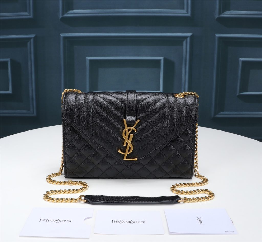 Saint Laurent Envelope Small In Quilted Grain De Poudre Embossed Leather Gold Black 21Cm 600195Bow911000 - Image 3