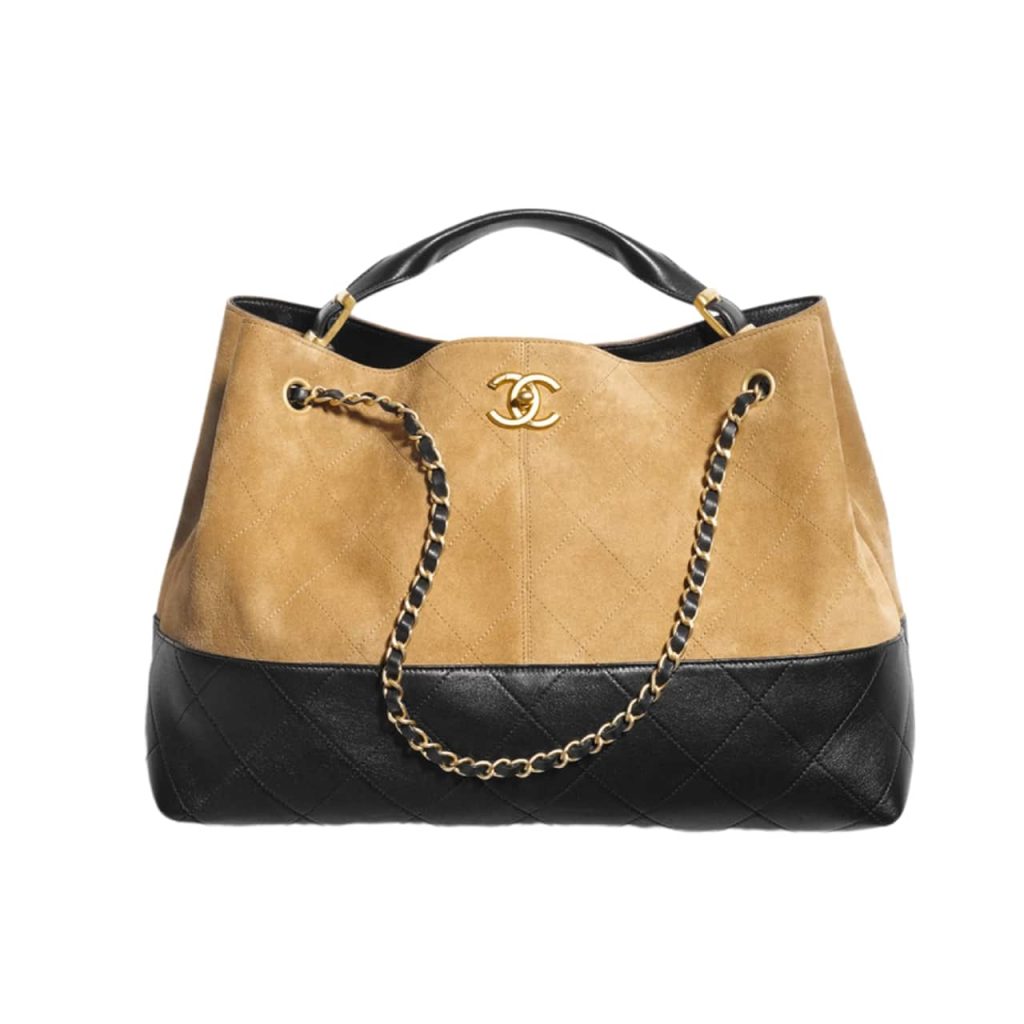 Chanel Shopping Bag Suede Leather Gold Tone Mental Beige And Black 36cm AS5657 B20827 U1536 - Image 2