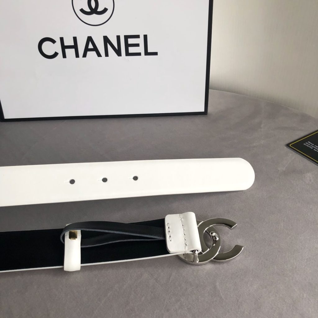Chanel Leather Belt With Cc Pearl And Silver Tone Metal White 3Cm - Image 8