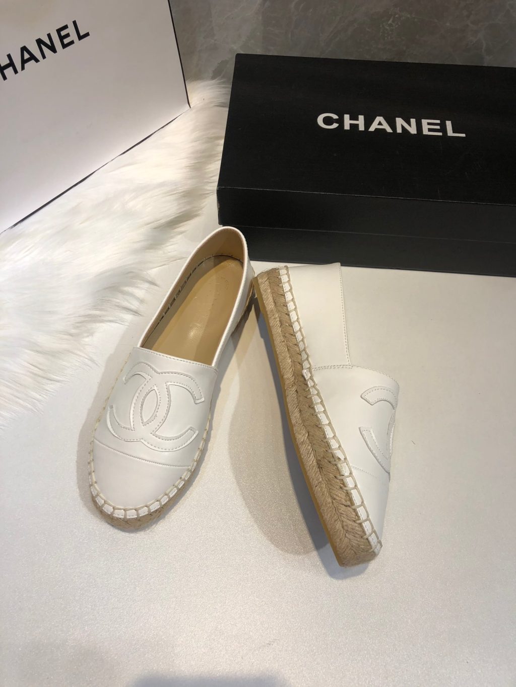 Chanel Embroidered Espadrille Leather Cap Toe Flats White - Image 6
