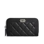 Chanel Boy Long Zipped Wallet Silver Hardware Black 19Cm