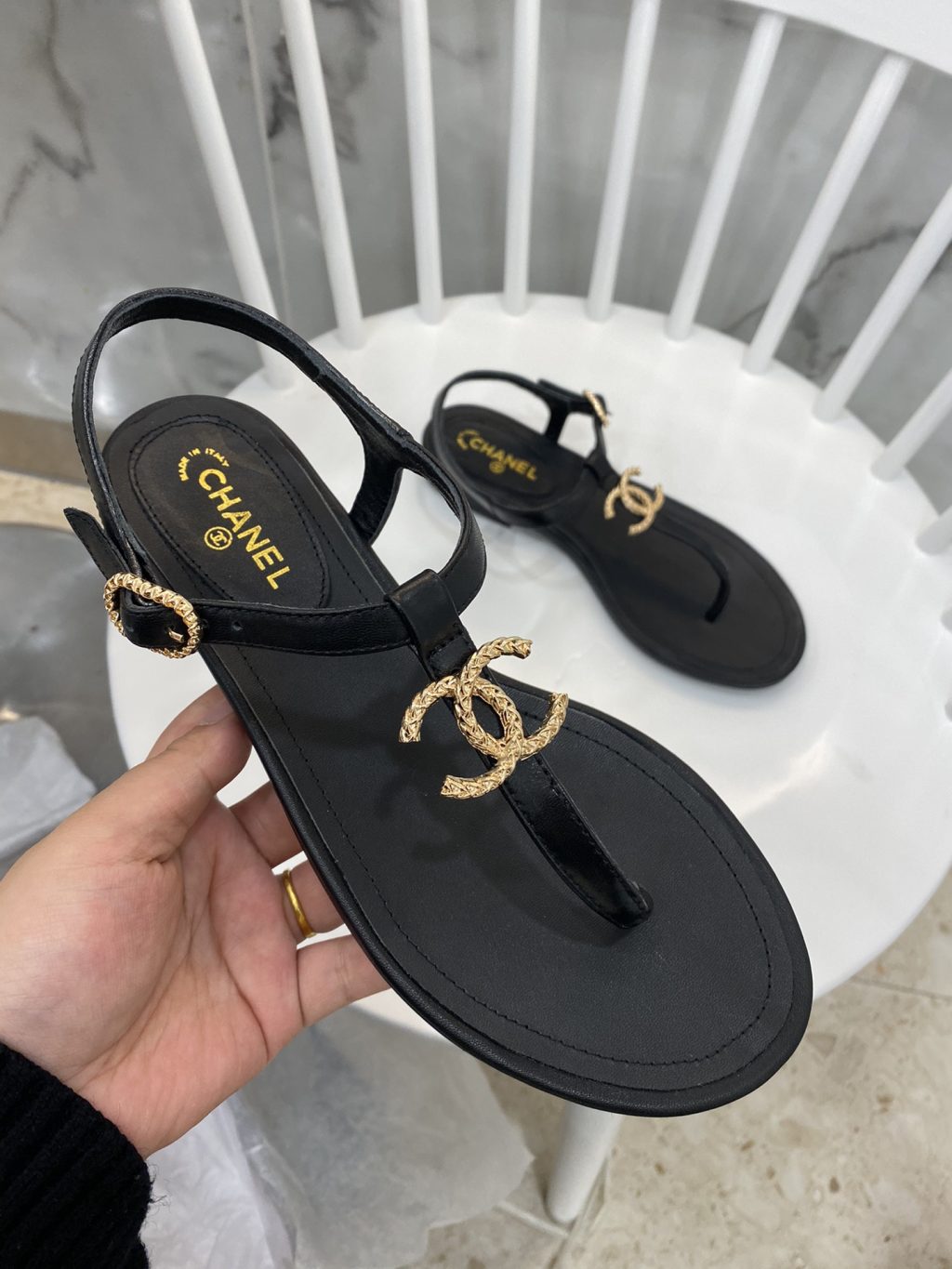 Chanel Gold CC Logo Thong Sandals Black - Image 7