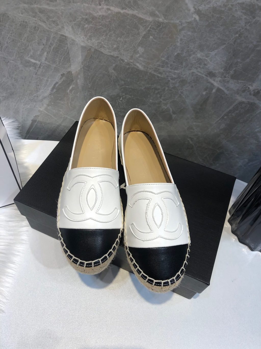 Chanel Embroidered Espadrille Leather Black Cap Toe Flats White CC - Image 6