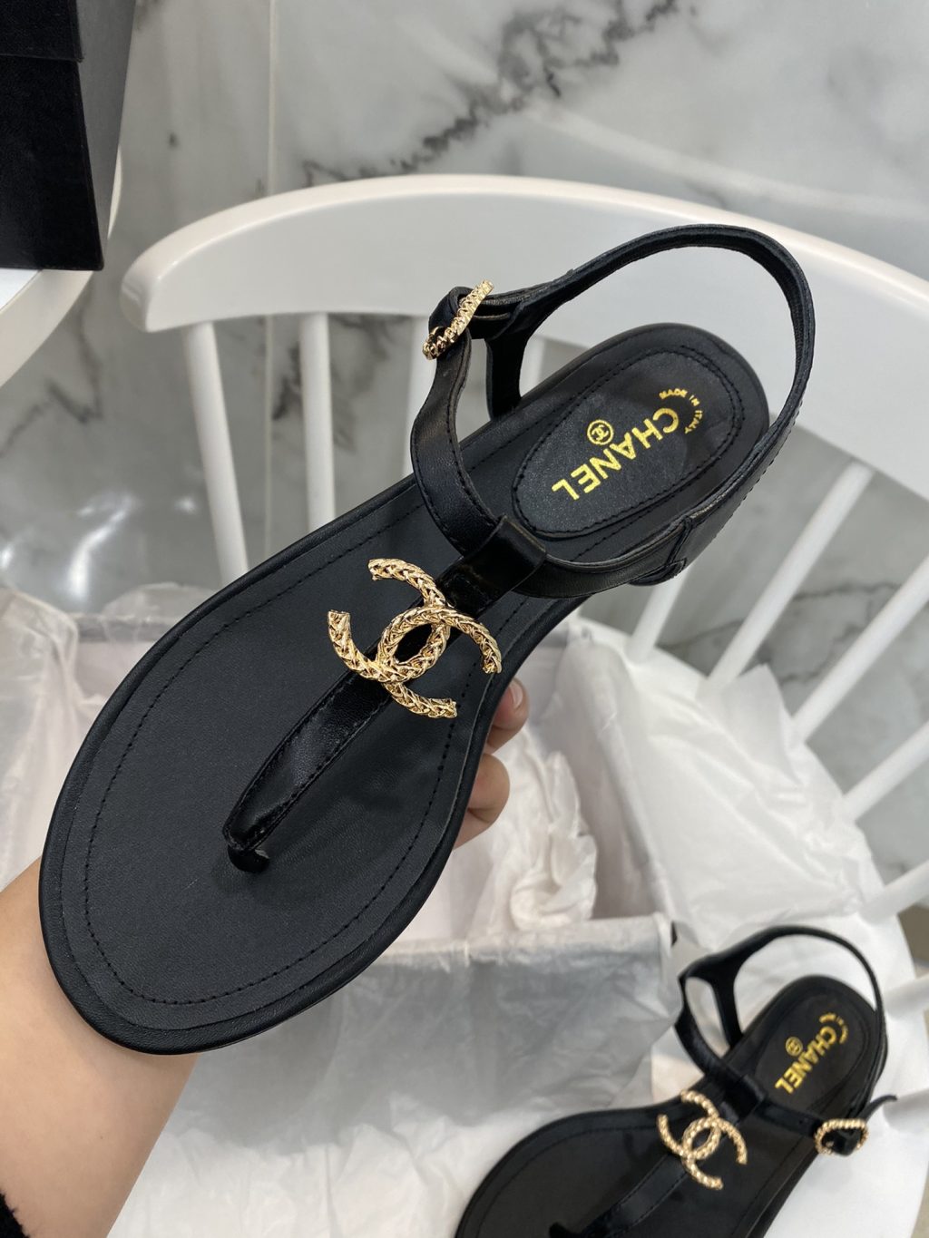 Chanel Gold CC Logo Thong Sandals Black - Image 8