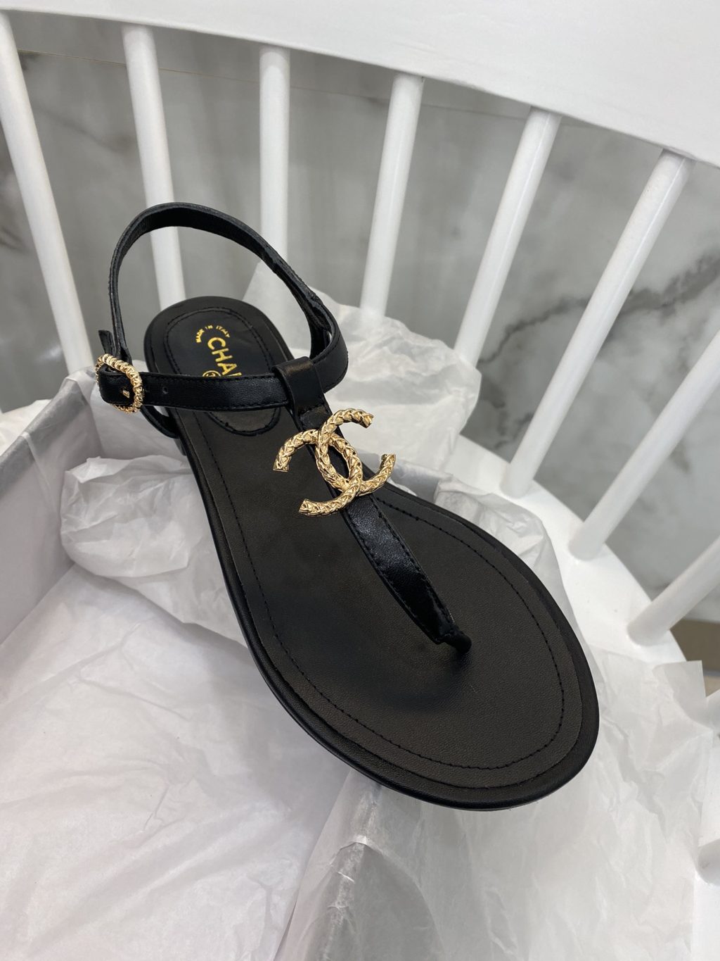 Chanel Gold CC Logo Thong Sandals Black - Image 6