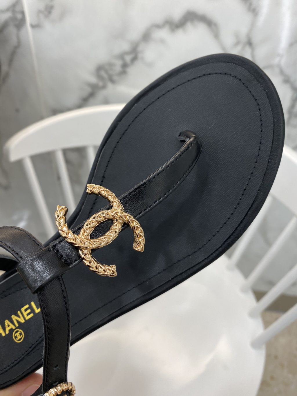 Chanel Gold CC Logo Thong Sandals Black - Image 5