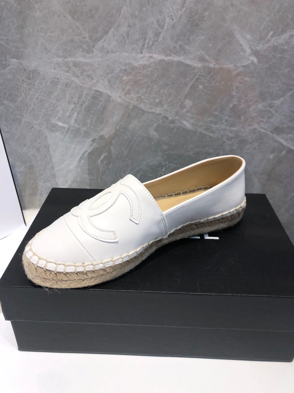Chanel Embroidered Espadrille Leather Cap Toe Flats White - Image 7