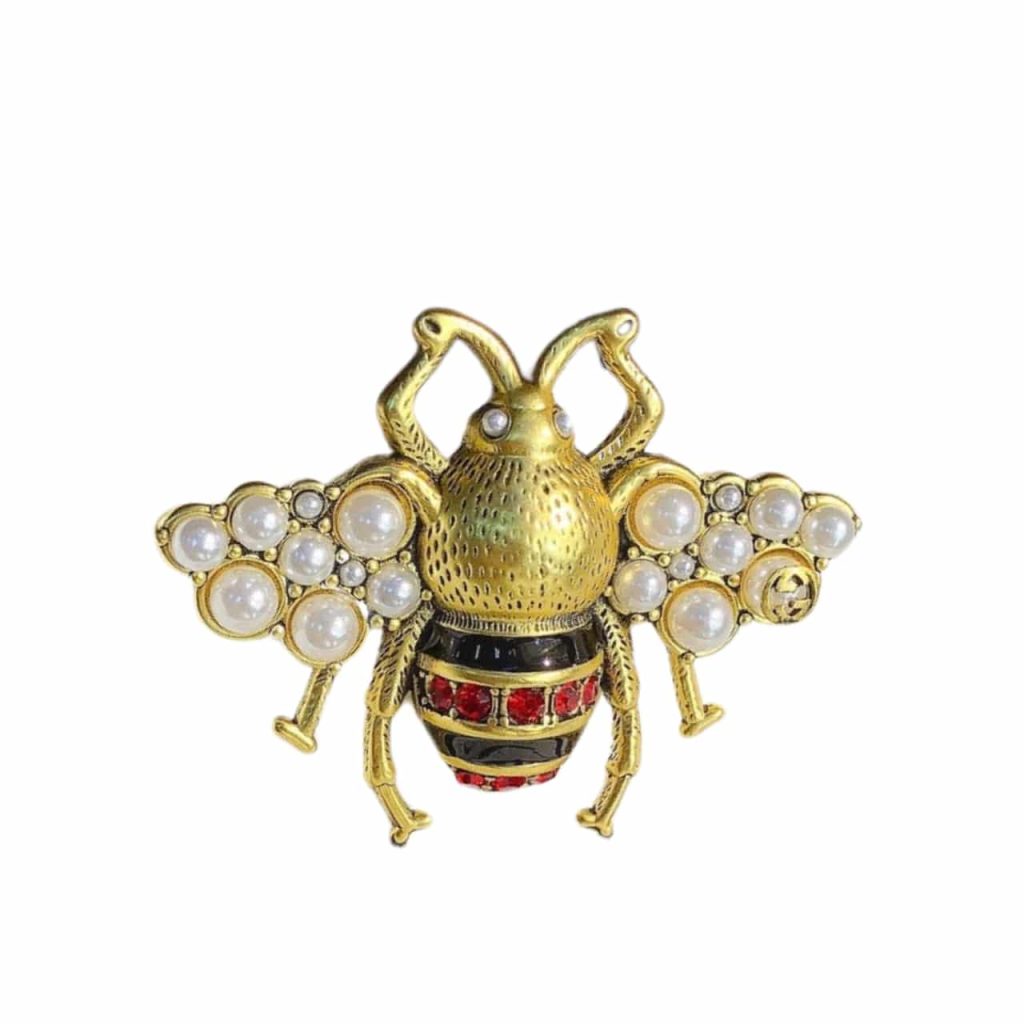 Gucci Gg Black And Red Bee Brooch Gold With Pearl - Image 2