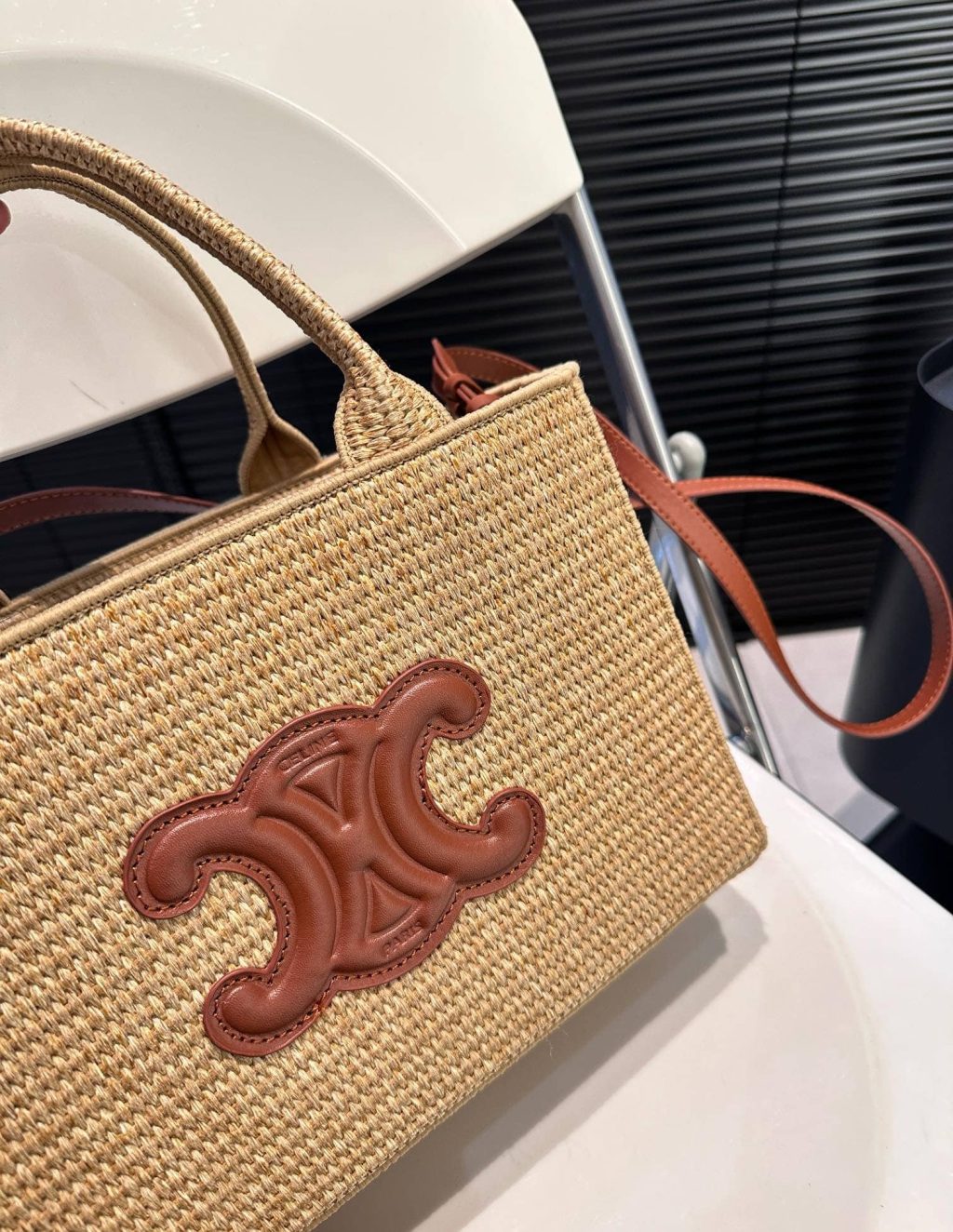 Celine Small Cabas Thais In Raffia And Leather Tan 27Cm 116302Ff7 04Lu - Image 6