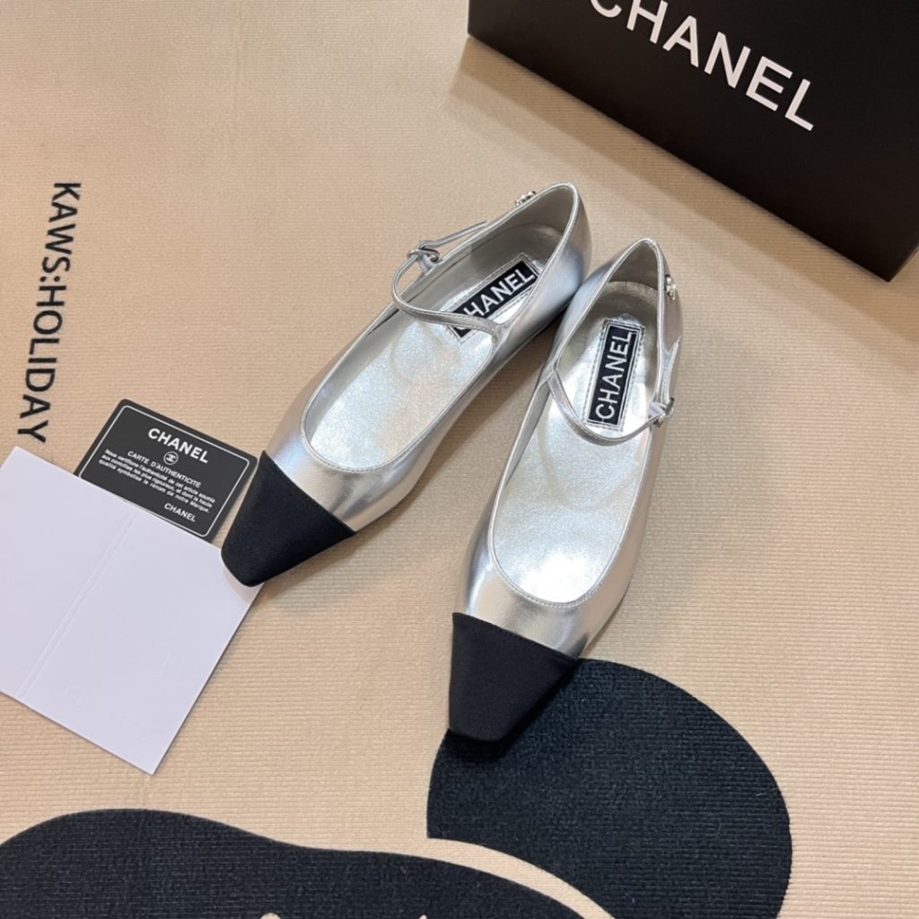 Chanel Square Toe Ballet Flats Black Silver - Image 9