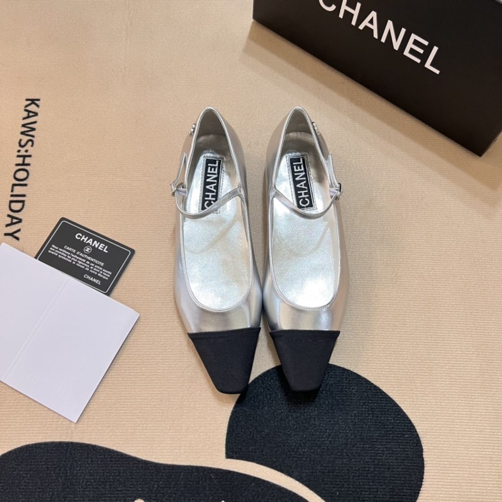 Chanel Square Toe Ballet Flats Black Silver - Image 10