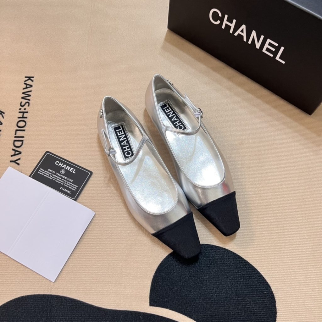 Chanel Square Toe Ballet Flats Black Silver - Image 11