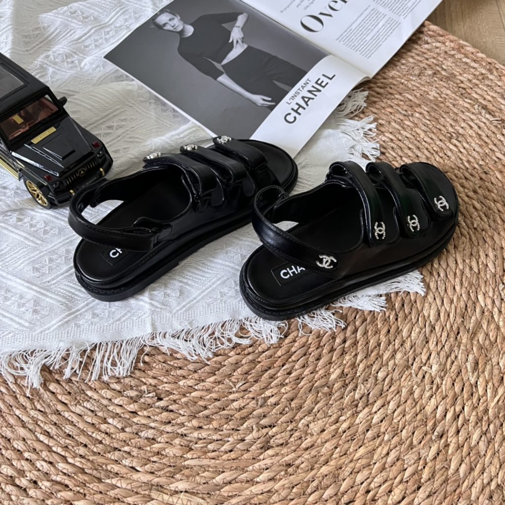 Chanel Triple Velcro Strap Sandals Black G45628 B16403 94305 - Image 3