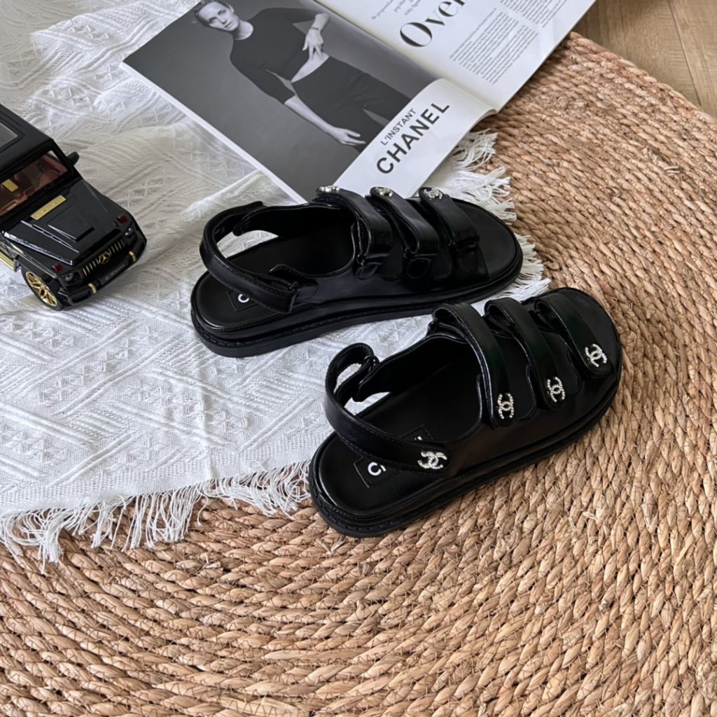 Chanel Triple Velcro Strap Sandals Black G45628 B16403 94305 - Image 4
