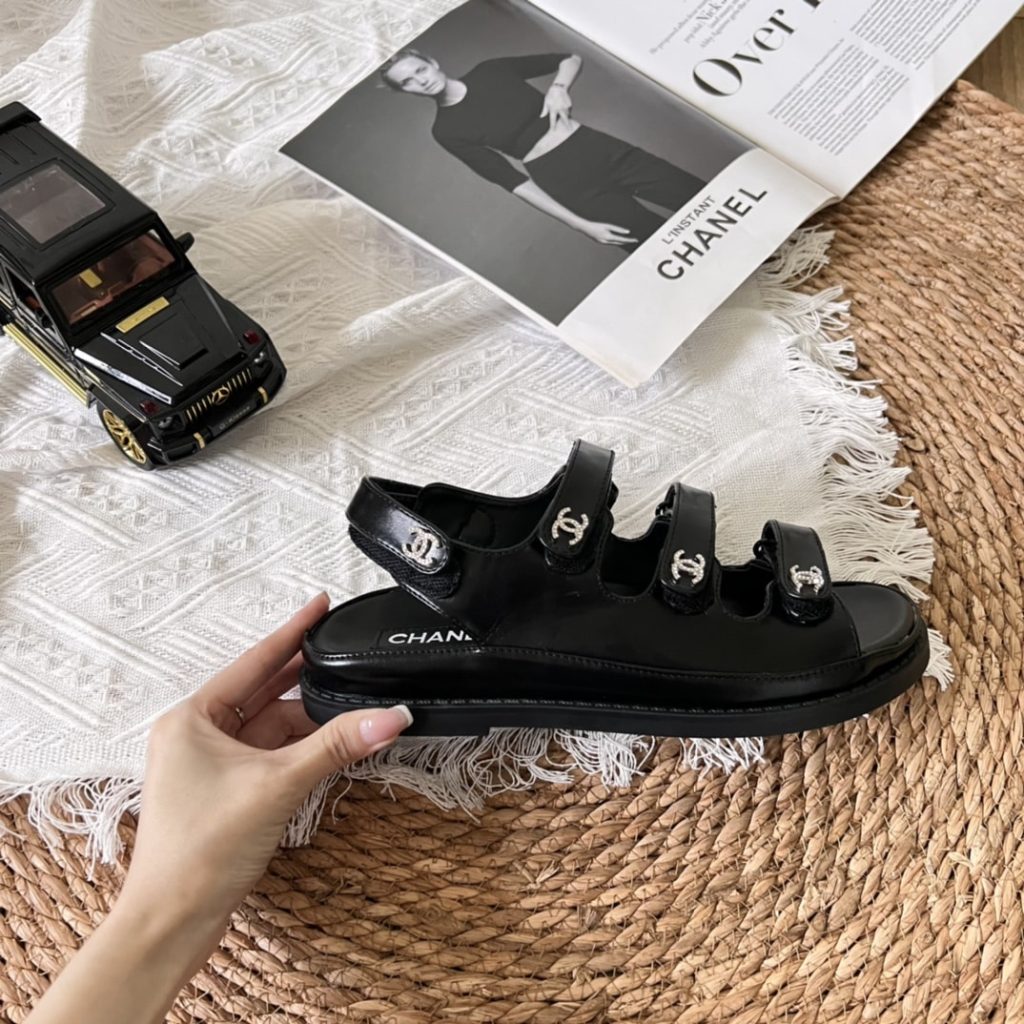 Chanel Triple Velcro Strap Sandals Black G45628 B16403 94305 - Image 6