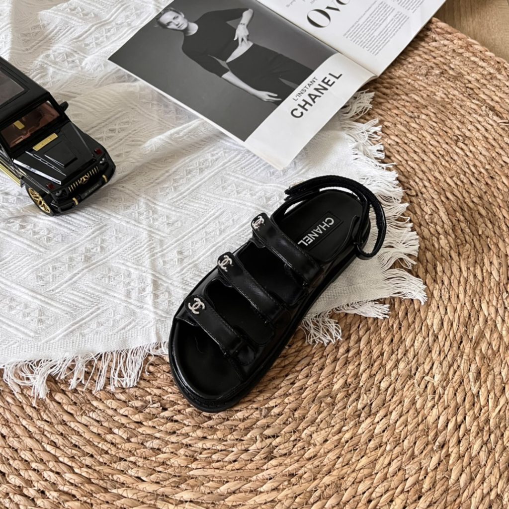 Chanel Triple Velcro Strap Sandals Black G45628 B16403 94305 - Image 7