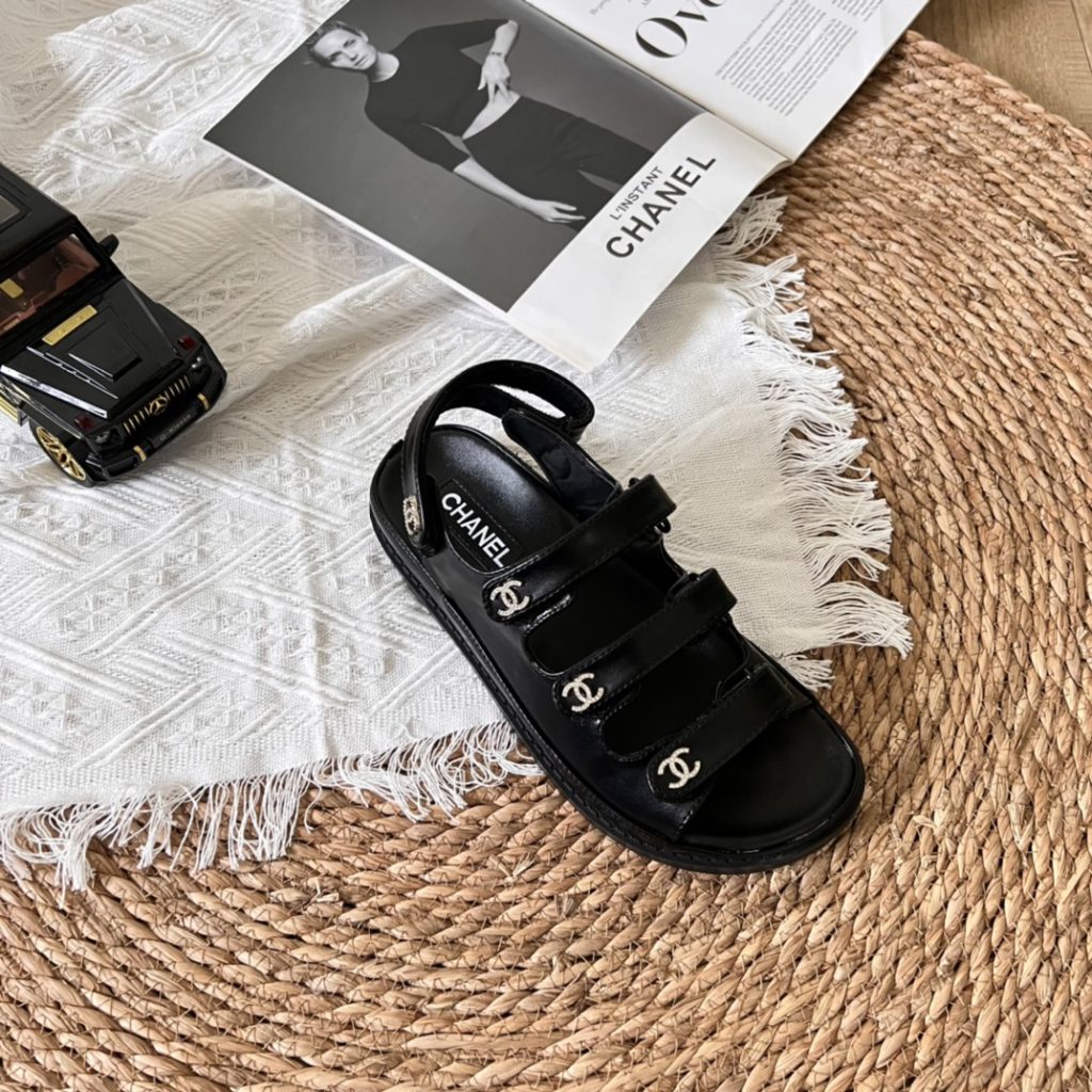 Chanel Triple Velcro Strap Sandals Black G45628 B16403 94305 - Image 8
